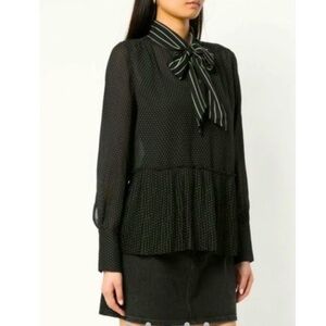 FRAME Black White Polka Dot Pleated Tie Neck Blouse Shirt Women's Size X-Small